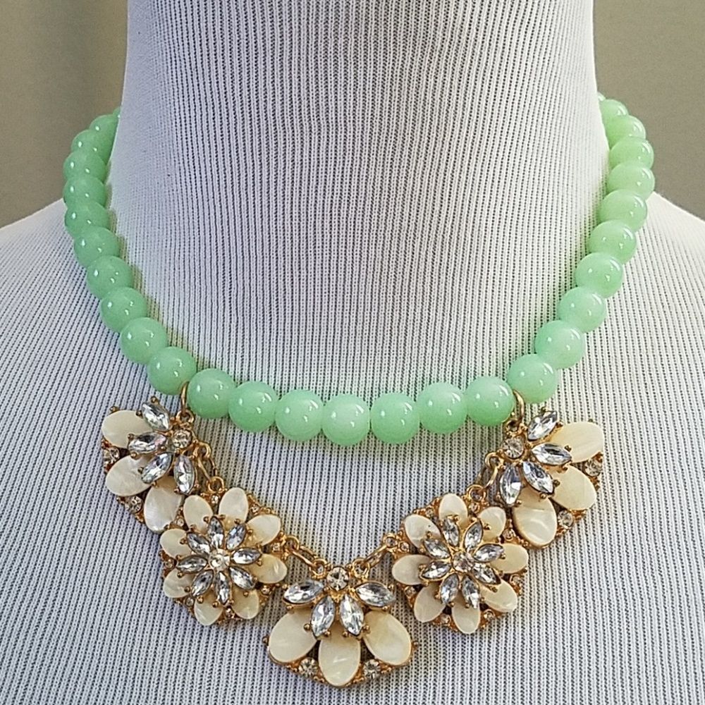 Mint and cream beaded baubled necklace